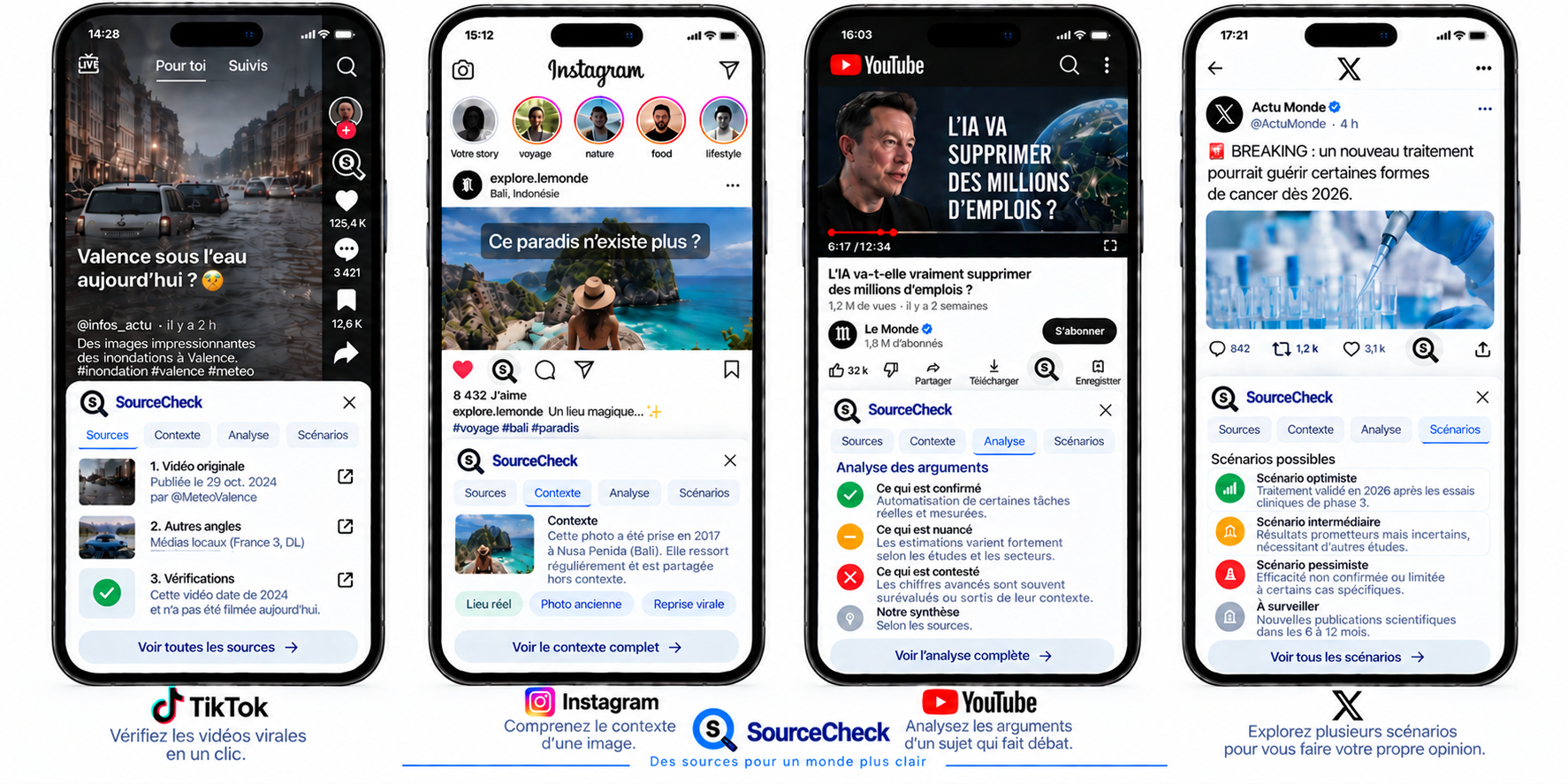Démonstration conceptuelle de SourceCheck sur TikTok, Instagram, YouTube et X